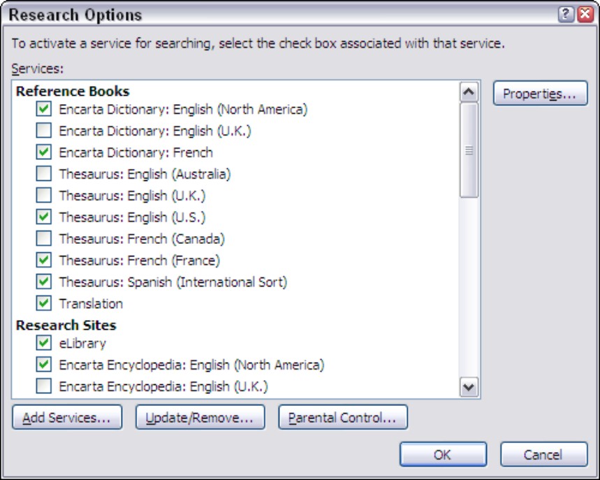 Figure 4-22: The Research Options dialog box.